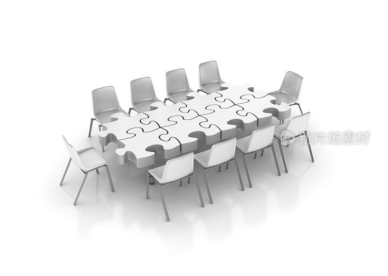 办公室椅子会议与拼图块桌子- 3D渲染